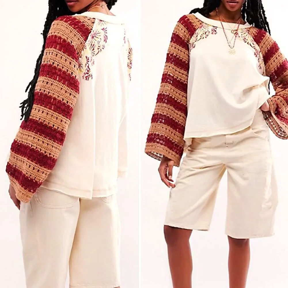 Free People Festival Ready Tee Crochet Sleeve Cream & Rust Knit Top Size Large